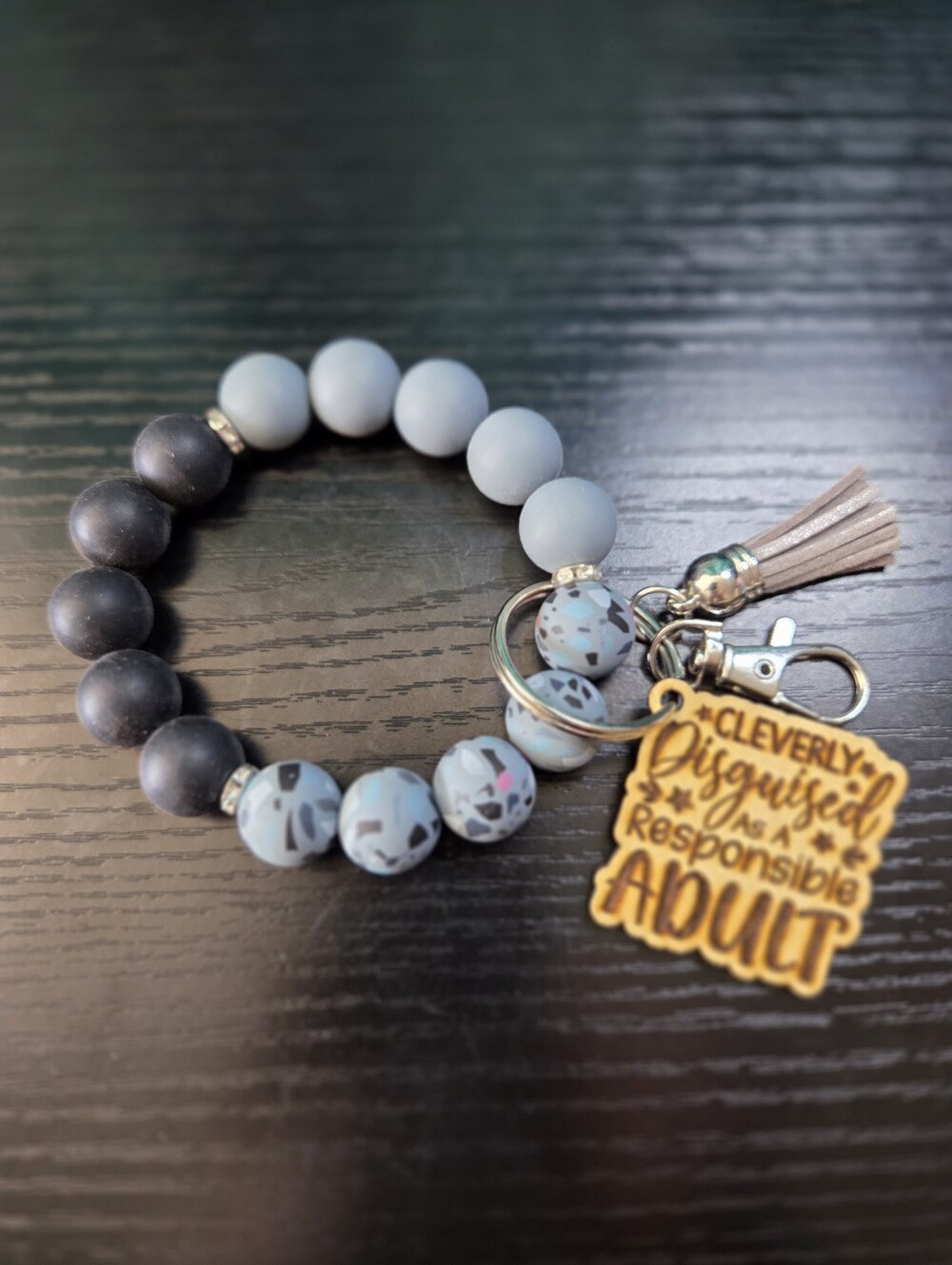 Beaded Keychain Bracelet with Tassel and 'Responsible Adult' Charm